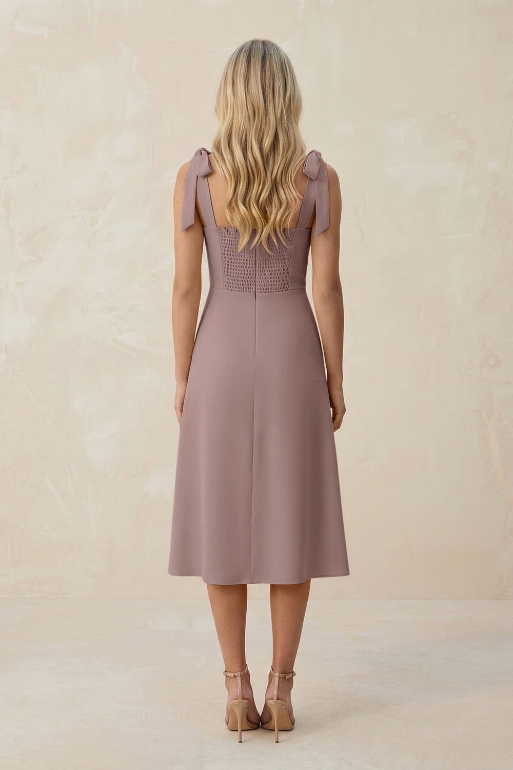 Square Neck A - Line Satin Midi Bridesmaid Dress With Bow in Toffee - KISS BRIDAL Bridesmaid Dresses
