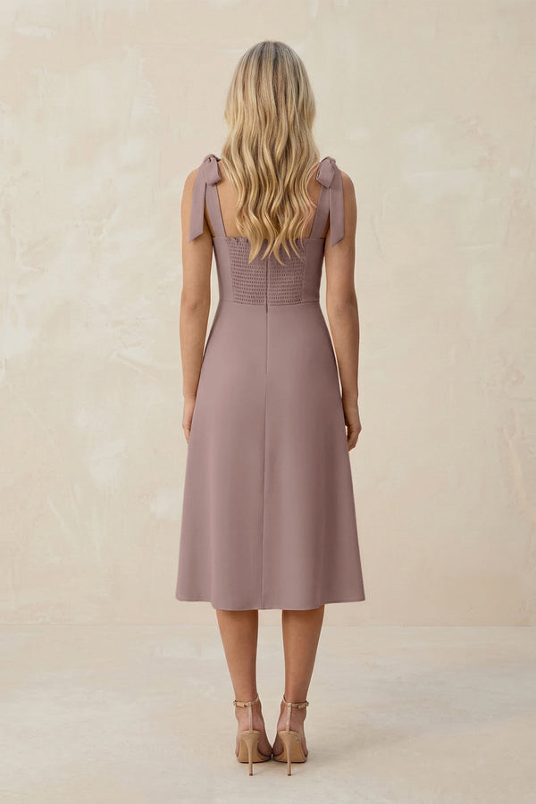 Square Neck A - Line Satin Midi Bridesmaid Dress With Bow in Toffee - KISS BRIDAL Bridesmaid Dresses