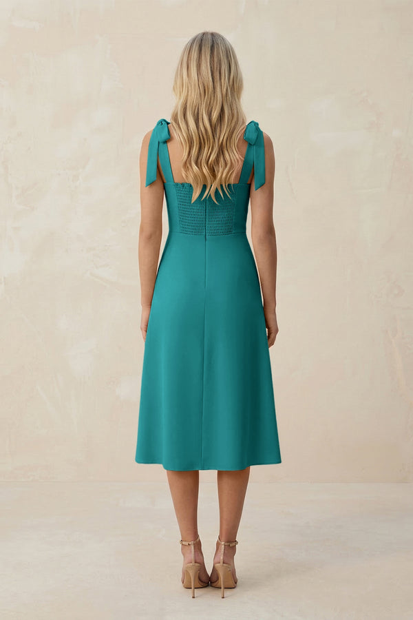 Square Neck A - Line Satin Midi Bridesmaid Dress With Bow in Turquoise - KISS BRIDAL Bridesmaid Dresses