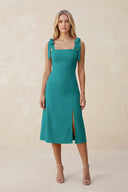 Square Neck A - Line Satin Midi Bridesmaid Dress With Bow in Turquoise - KISS BRIDAL Bridesmaid Dresses