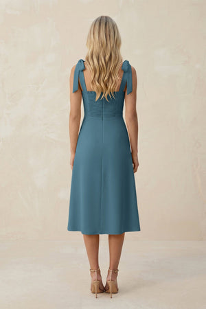 Square Neck A - Line Satin Midi Bridesmaid Dress With Bow in Twilight - KISS BRIDAL Bridesmaid Dresses