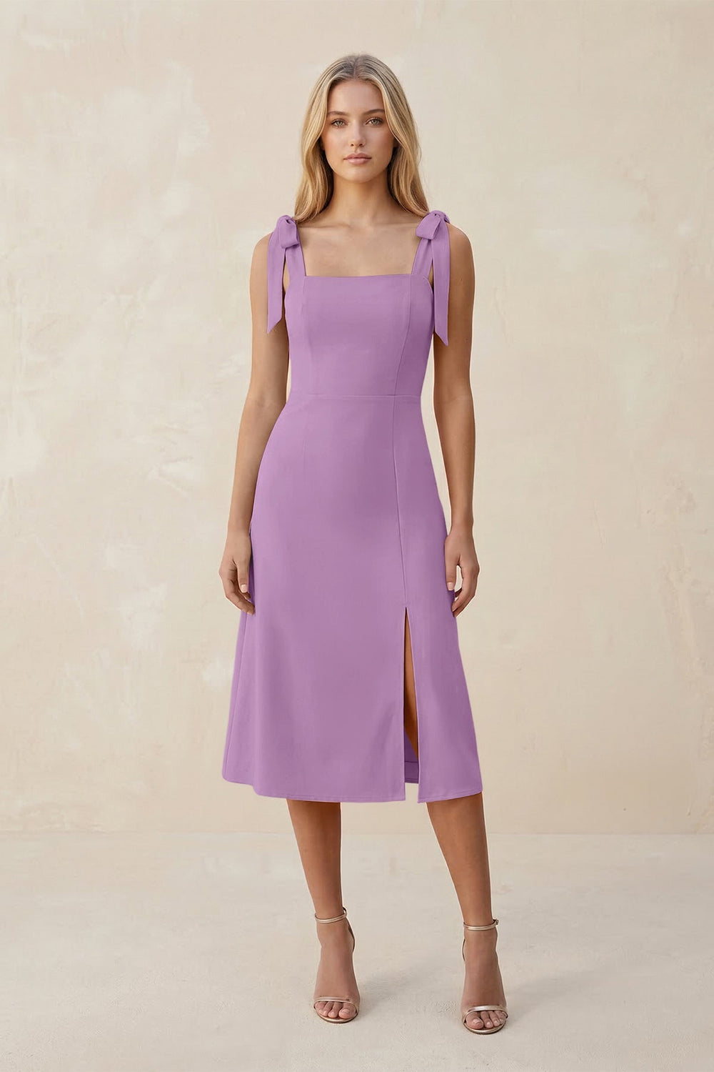 Square Neck A - Line Satin Midi Bridesmaid Dress With Bow in Vintage Mauve - KISS BRIDAL Bridesmaid Dresses