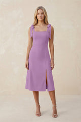 Square Neck A - Line Satin Midi Bridesmaid Dress With Bow in Vintage Mauve - KISS BRIDAL Bridesmaid Dresses