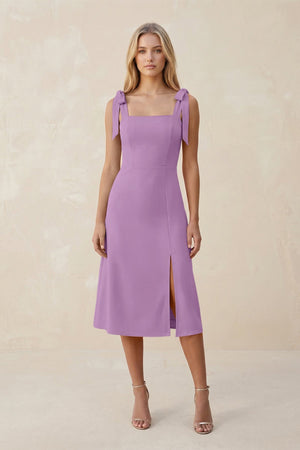 Square Neck A - Line Satin Midi Bridesmaid Dress With Bow in Vintage Mauve - KISS BRIDAL Bridesmaid Dresses