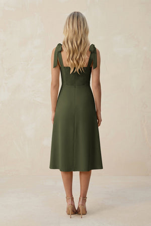 Square Neck A - Line Satin Midi Bridesmaid Dress With Bow in Willow Green - KISS BRIDAL Bridesmaid Dresses