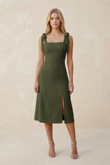 Square Neck A - Line Satin Midi Bridesmaid Dress With Bow in Willow Green - KISS BRIDAL Bridesmaid Dresses