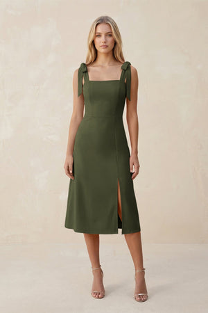 Square Neck A - Line Satin Midi Bridesmaid Dress With Bow in Willow Green - KISS BRIDAL Bridesmaid Dresses