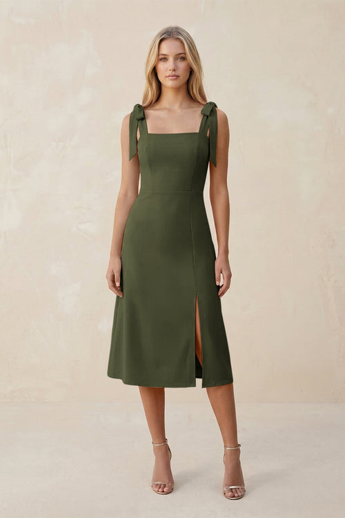 Square Neck A - Line Satin Midi Bridesmaid Dress With Bow in Willow Green - KISS BRIDAL Bridesmaid Dresses