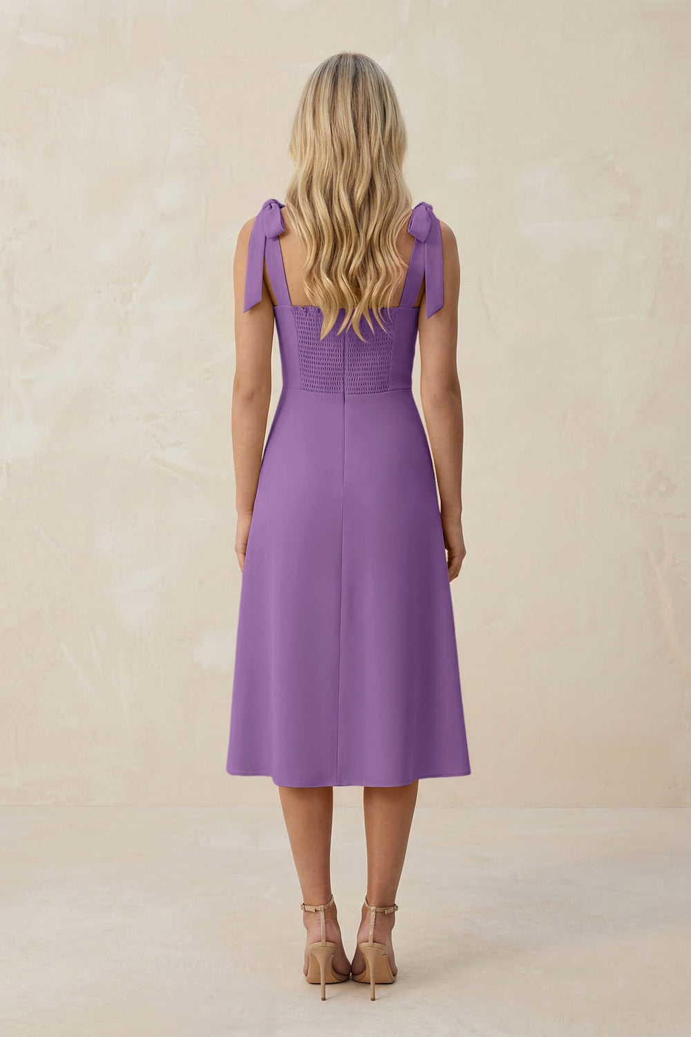 Square Neck A - Line Satin Midi Bridesmaid Dress With Bow in Wisteria - KISS BRIDAL Bridesmaid Dresses