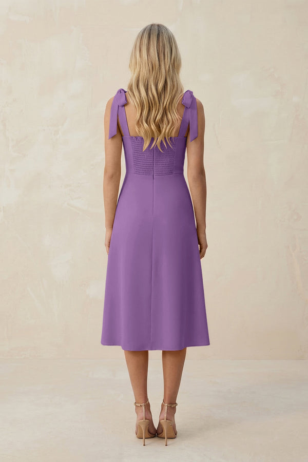 Square Neck A - Line Satin Midi Bridesmaid Dress With Bow in Wisteria - KISS BRIDAL Bridesmaid Dresses