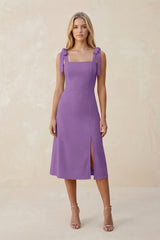 Square Neck A - Line Satin Midi Bridesmaid Dress With Bow in Wisteria - KISS BRIDAL Bridesmaid Dresses