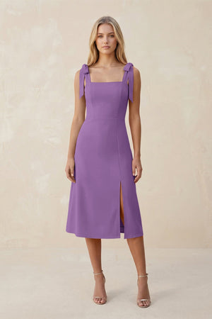 Square Neck A - Line Satin Midi Bridesmaid Dress With Bow in Wisteria - KISS BRIDAL Bridesmaid Dresses