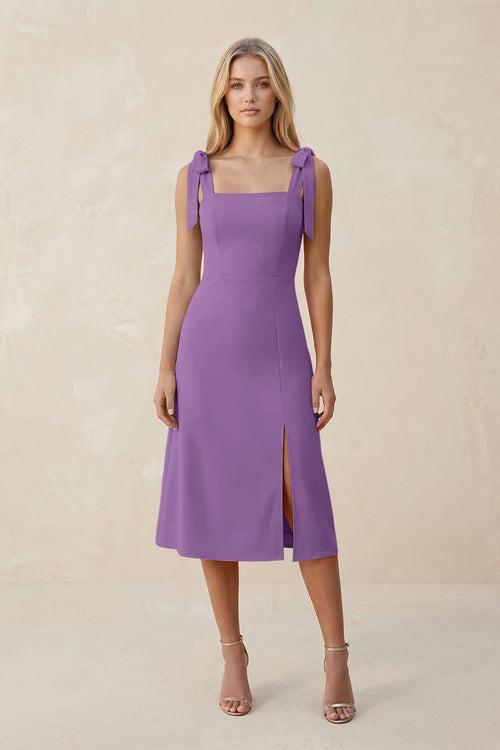 Square Neck A - Line Satin Midi Bridesmaid Dress With Bow in Wisteria - KISS BRIDAL Bridesmaid Dresses