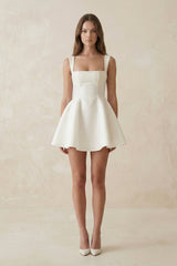Square Neck A - Line Satin Mini Wedding Dress With Bow in Ivory - KISS BRIDAL Wedding Dresses