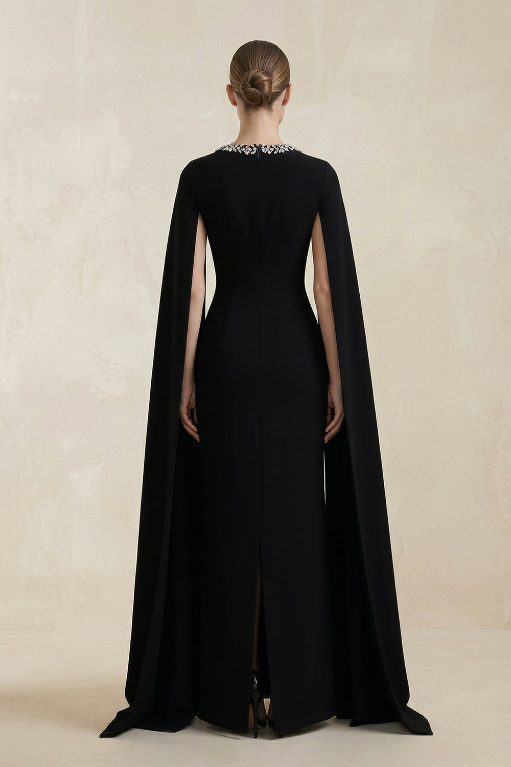 Square Neck Beaded Sheath Satin Wedding Dress With Sleeves in Black - KISS BRIDAL Wedding Dresses