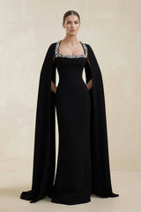 Square Neck Beaded Sheath Satin Wedding Dress With Sleeves in Black - KISS BRIDAL Wedding Dresses