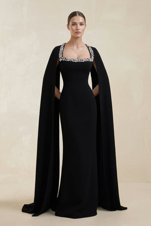 Square Neck Beaded Sheath Satin Wedding Dress With Sleeves in Black - SHE IS ME Wedding Dresses