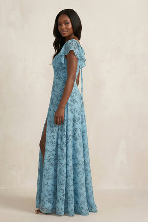 Square Neck Cap Sleeve A - Line Floral Chiffon Bridesmaid Dress in Adriatic Blue - SHE IS ME Bridesmaid Dresses
