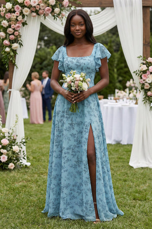 Square Neck Cap Sleeve A - Line Floral Chiffon Bridesmaid Dress in Adriatic Blue - SHE IS ME Bridesmaid Dresses