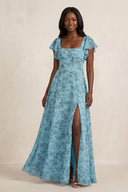 Square Neck Cap Sleeve A - Line Floral Chiffon Bridesmaid Dress in Adriatic Blue - SHE IS ME Bridesmaid Dresses