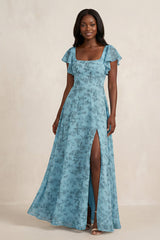 Square Neck Cap Sleeve A - Line Floral Chiffon Bridesmaid Dress in Adriatic Blue - KISS BRIDAL Bridesmaid Dresses