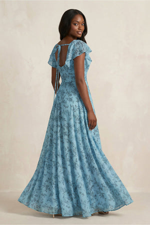 Square Neck Cap Sleeve A - Line Floral Chiffon Bridesmaid Dress in Adriatic Blue - SHE IS ME Bridesmaid Dresses