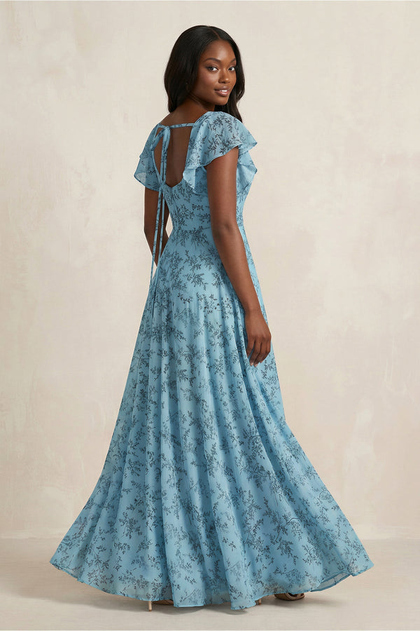 Square Neck Cap Sleeve A - Line Floral Chiffon Bridesmaid Dress in Adriatic Blue - SHE IS ME Bridesmaid Dresses