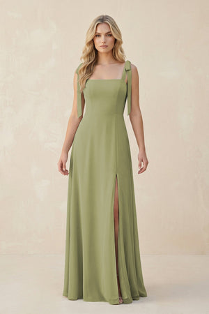Square Neck Chiffon A - Line Bridesmaid Dress With Bow - SHE IS ME Bridesmaid Dresses