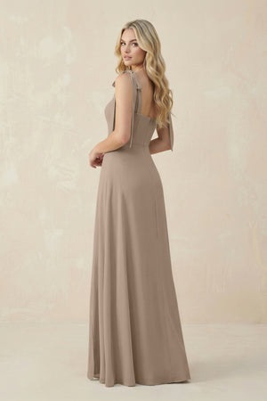 Square Neck Chiffon A-Line Bridesmaid Dress With Bow in Almond (2) | KISSBRIDAL