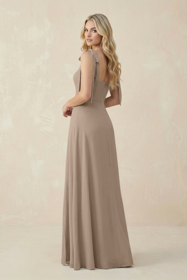 Square Neck Chiffon A-Line Bridesmaid Dress With Bow in Almond (2) | KISSBRIDAL