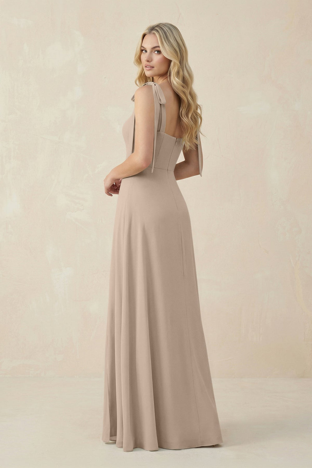 Square Neck Chiffon A - Line Bridesmaid Dress With Bow in Almond - KISS BRIDAL Bridesmaid Dresses