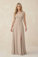Square Neck Chiffon A - Line Bridesmaid Dress With Bow in Almond - SHE IS ME Bridesmaid Dresses