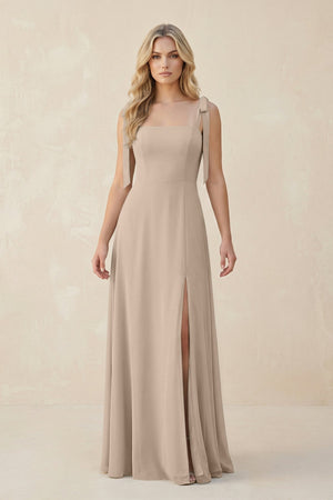 Square Neck Chiffon A - Line Bridesmaid Dress With Bow in Almond - SHE IS ME Bridesmaid Dresses