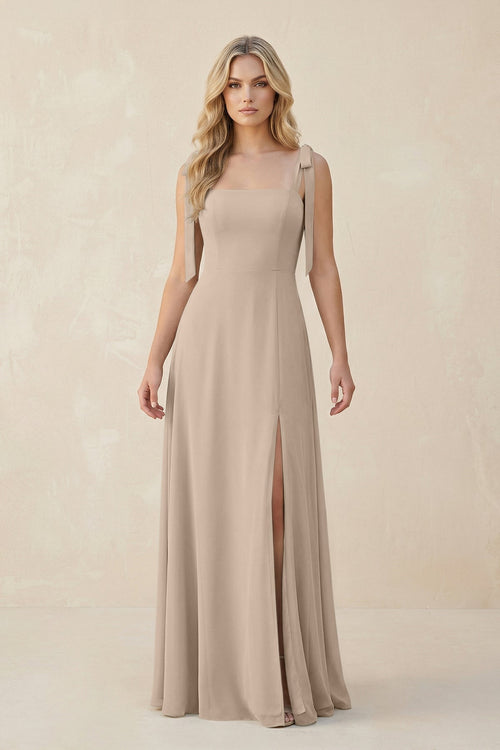 Square Neck Chiffon A - Line Bridesmaid Dress With Bow in Almond - SHE IS ME Bridesmaid Dresses