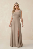 Square Neck Chiffon A-Line Bridesmaid Dress With Bow in Almond | KISSBRIDAL