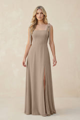 Square Neck Chiffon A-Line Bridesmaid Dress With Bow in Almond | KISSBRIDAL