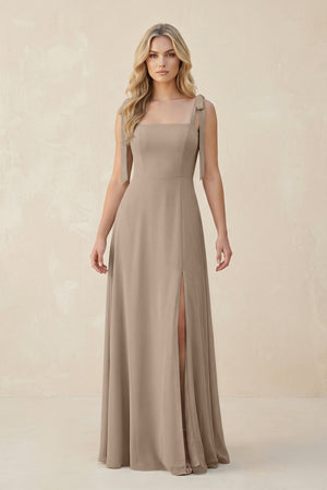 Square Neck Chiffon A-Line Bridesmaid Dress With Bow in Almond | KISSBRIDAL