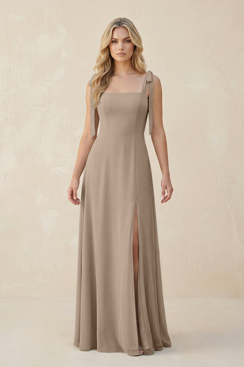 Square Neck Chiffon A-Line Bridesmaid Dress With Bow in Almond | KISSBRIDAL