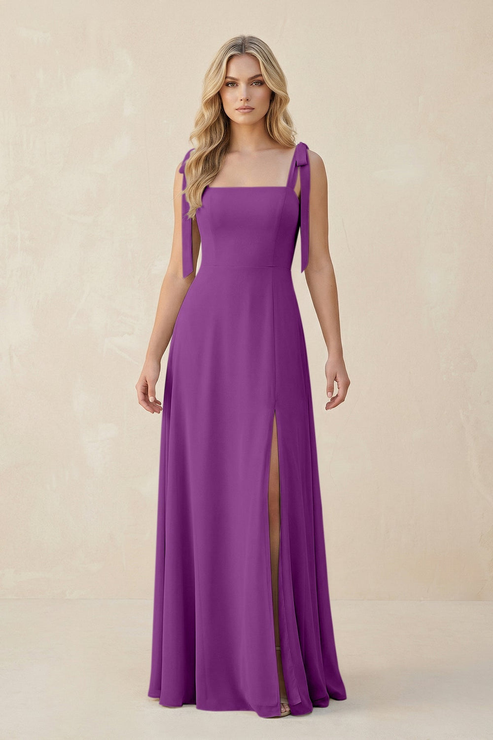 Square Neck Chiffon A - Line Bridesmaid Dress With Bow in Amethyst - KISS BRIDAL Bridesmaid Dresses