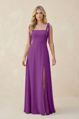 Square Neck Chiffon A - Line Bridesmaid Dress With Bow in Amethyst - KISS BRIDAL Bridesmaid Dresses