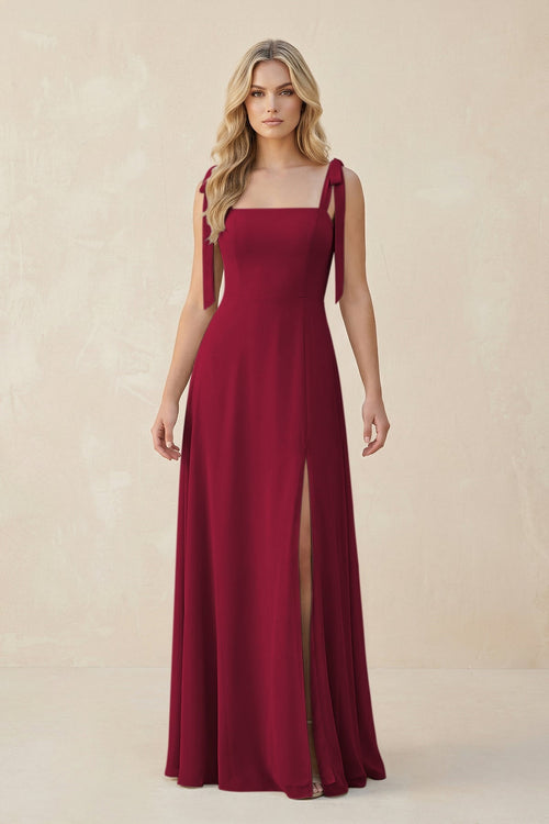 Square Neck Chiffon A - Line Bridesmaid Dress With Bow in Berry - SHE IS ME Bridesmaid Dresses