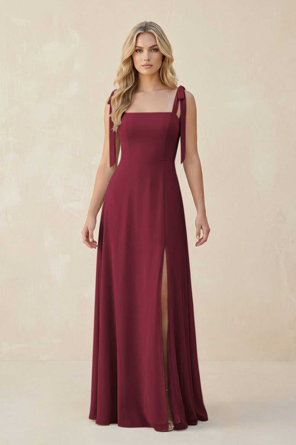 Square Neck Chiffon A-Line Bridesmaid Dress With Bow in Berry