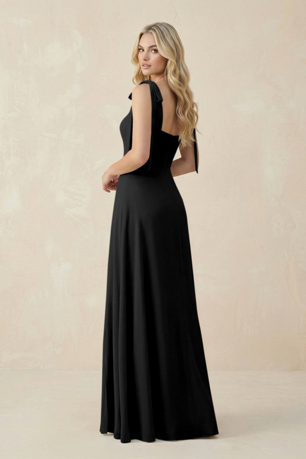Square Neck Chiffon A - Line Bridesmaid Dress With Bow in Black - KISS BRIDAL Bridesmaid Dresses