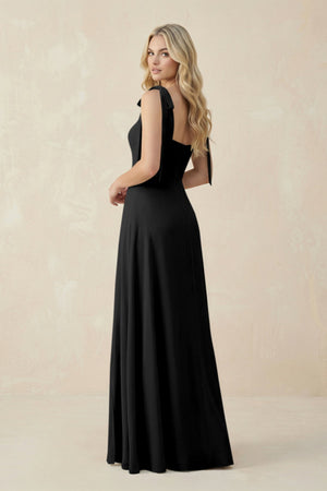Square Neck Chiffon A - Line Bridesmaid Dress With Bow in Black - SHE IS ME Bridesmaid Dresses
