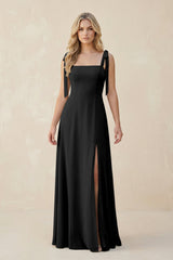 Square Neck Chiffon A - Line Bridesmaid Dress With Bow in Black - KISS BRIDAL Bridesmaid Dresses