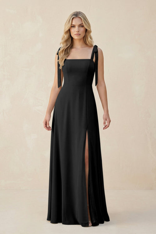 Square Neck Chiffon A - Line Bridesmaid Dress With Bow in Black - SHE IS ME Bridesmaid Dresses