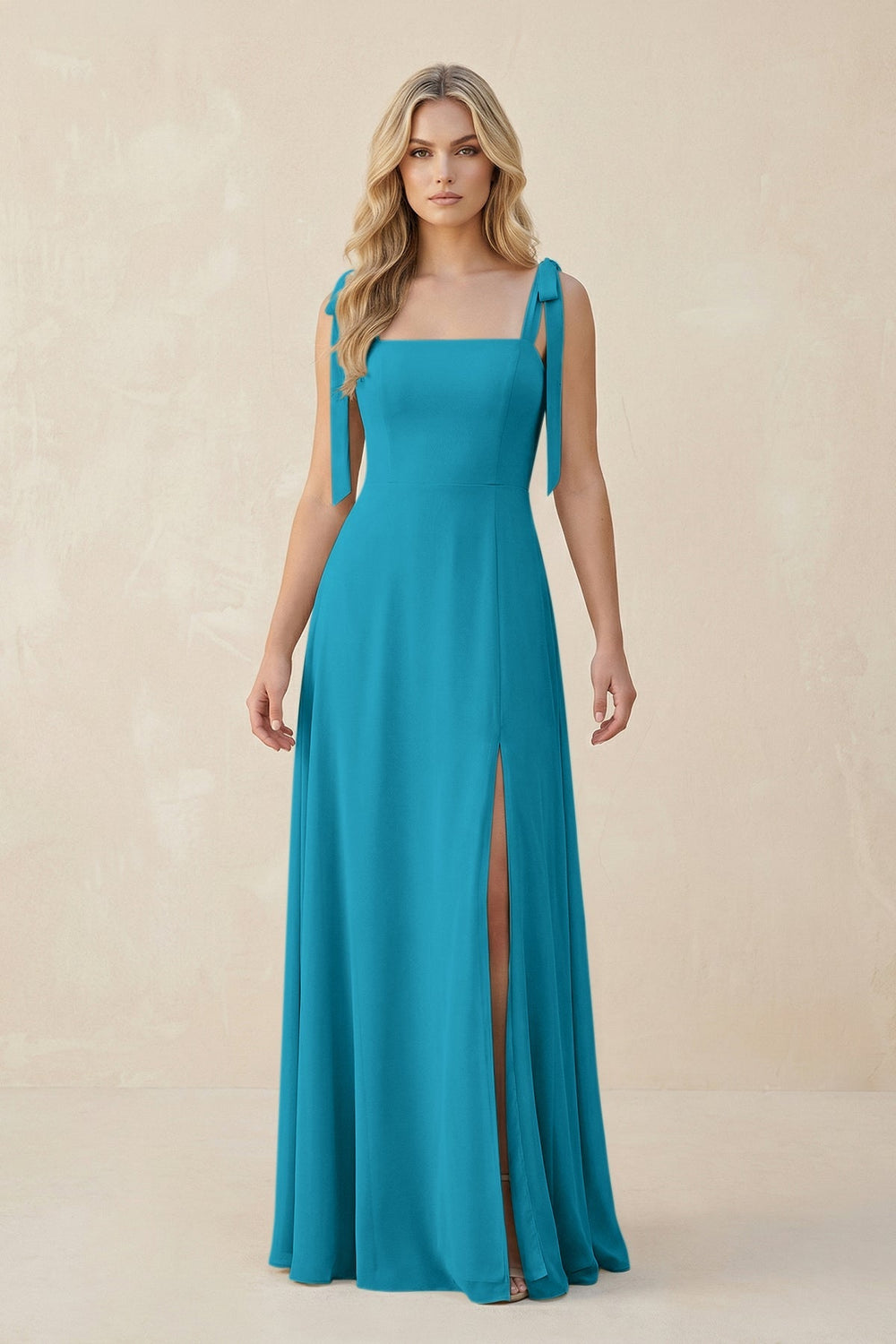 Square Neck Chiffon A - Line Bridesmaid Dress With Bow in Blue Jay - KISS BRIDAL Bridesmaid Dresses