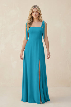 Square Neck Chiffon A - Line Bridesmaid Dress With Bow in Blue Jay - SHE IS ME Bridesmaid Dresses
