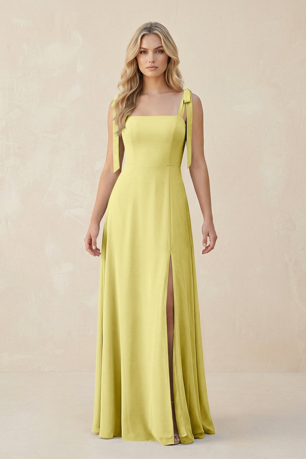 Square Neck Chiffon A - Line Bridesmaid Dress With Bow in Buttercup - KISS BRIDAL Bridesmaid Dresses