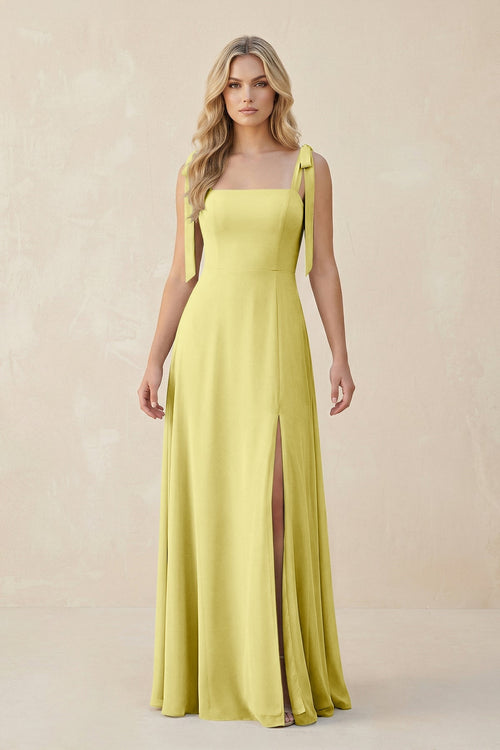 Square Neck Chiffon A - Line Bridesmaid Dress With Bow in Buttercup - SHE IS ME Bridesmaid Dresses